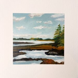 Original Oil Painting Coastal Acadia National Park Sunset Reflection 8x8 Signed